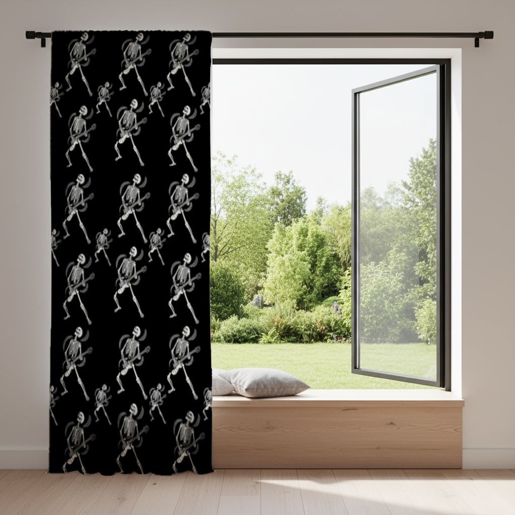 Rock Guitar Playing Skeleton Pattern on Black Drapes