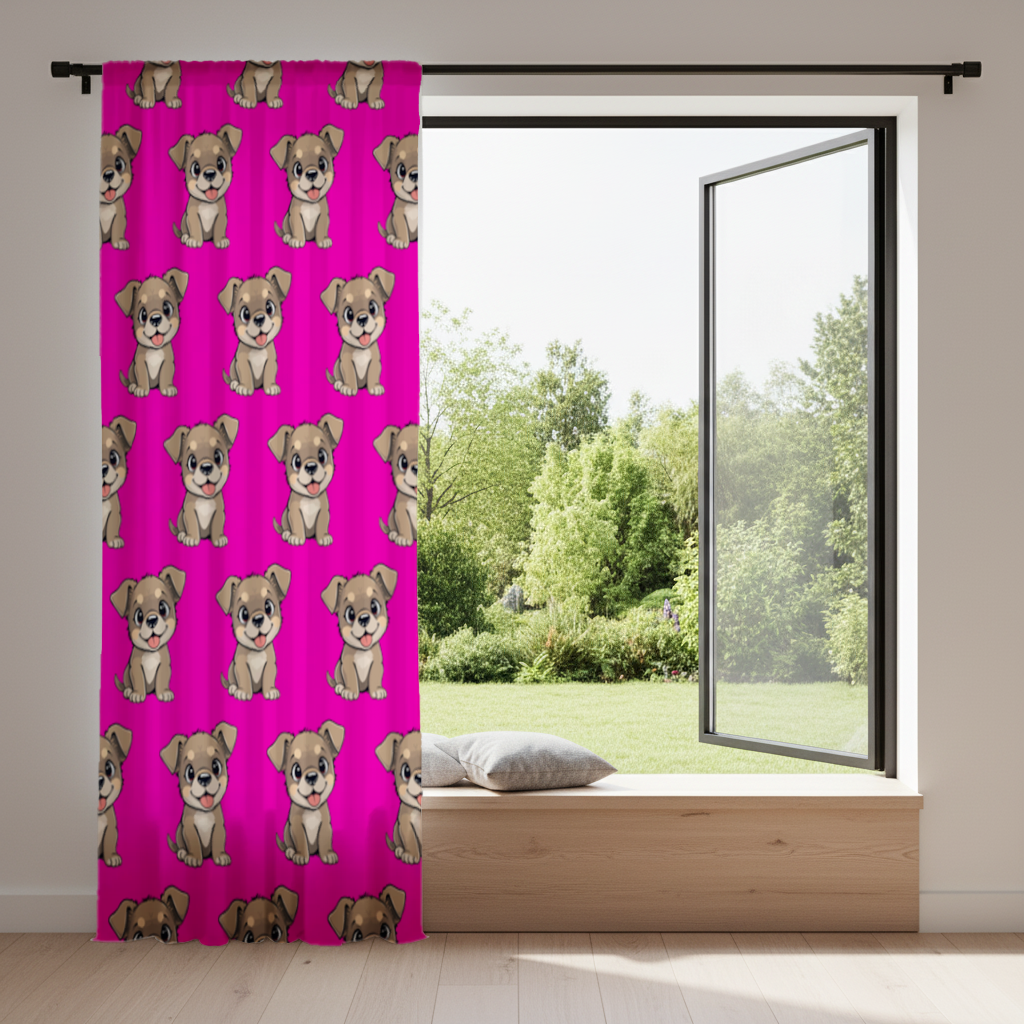 Cute Dog Illustration on Pink Background Drapes