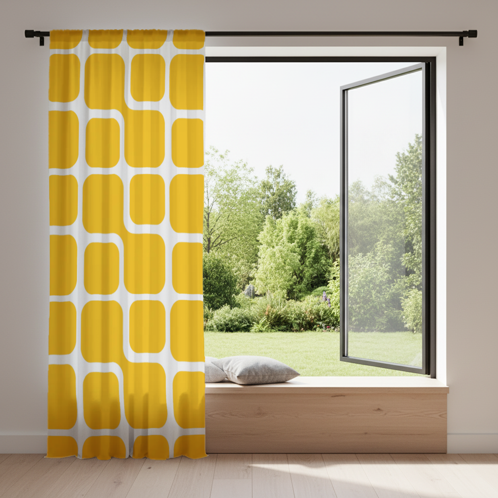 Yellow Geometric Labyrinth and Modern Abstract Pattern Drapes