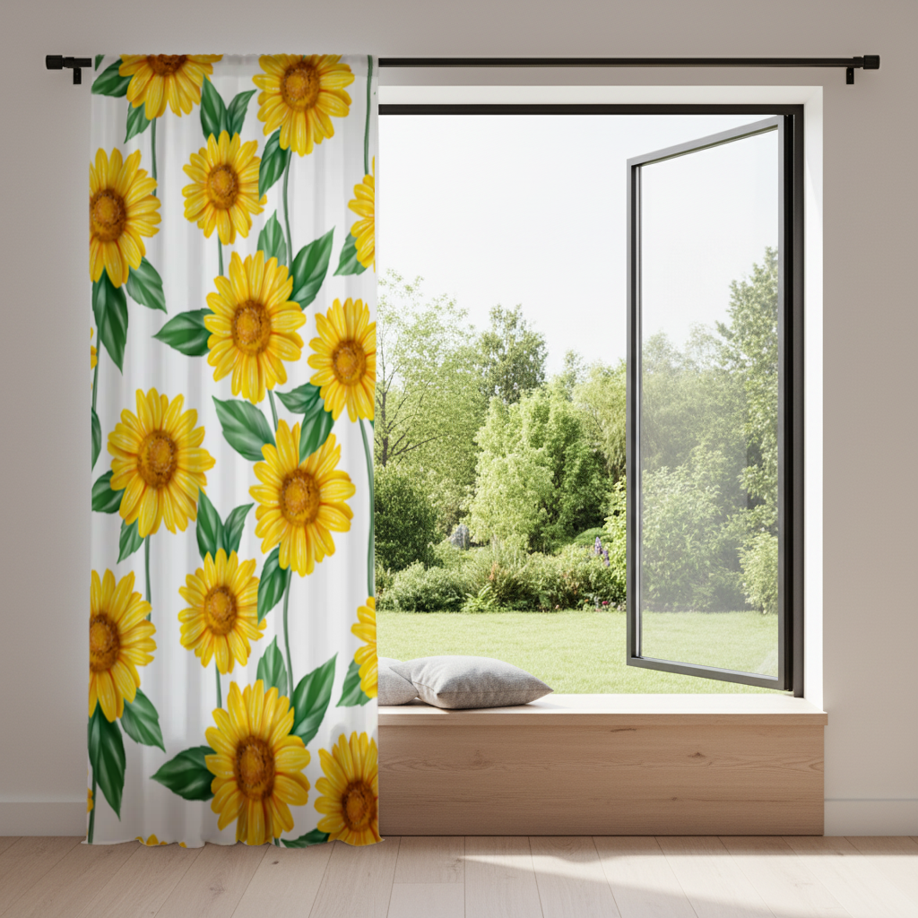 Vibrant Yellow Sunflower and Green Leaf Pattern Illustration Drapes