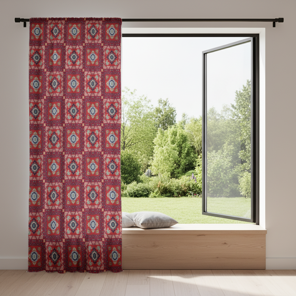 Traditional Kilim Inspired Red Ethnic Geometric Pattern Drapes