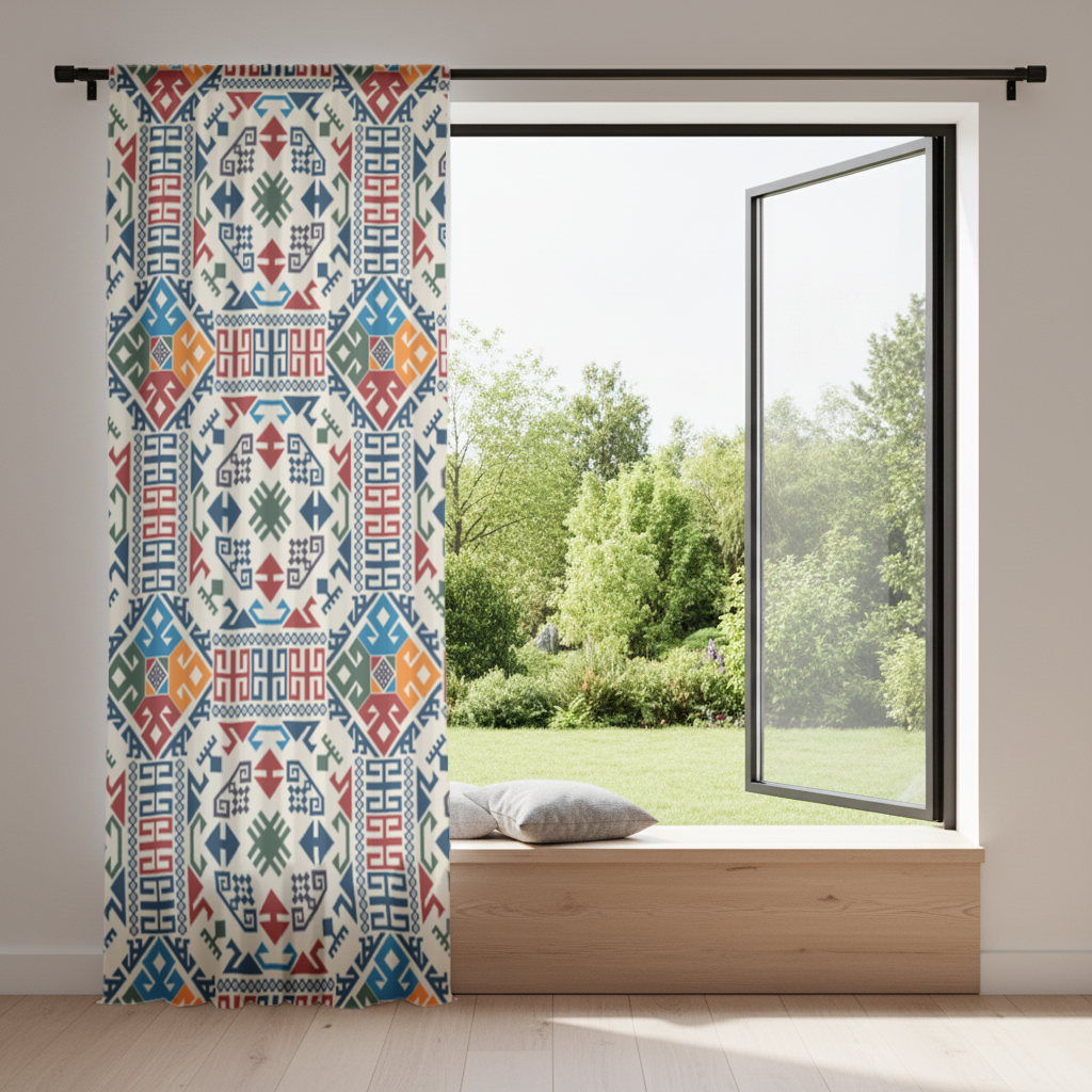 Çok Renkli Etnik Geometrik Motif Fon Perde
