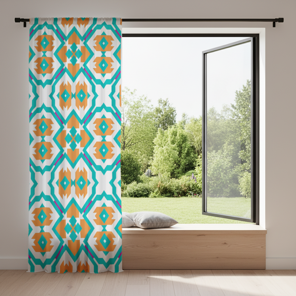 Orange and Turquoise Geometric Pattern Drapes