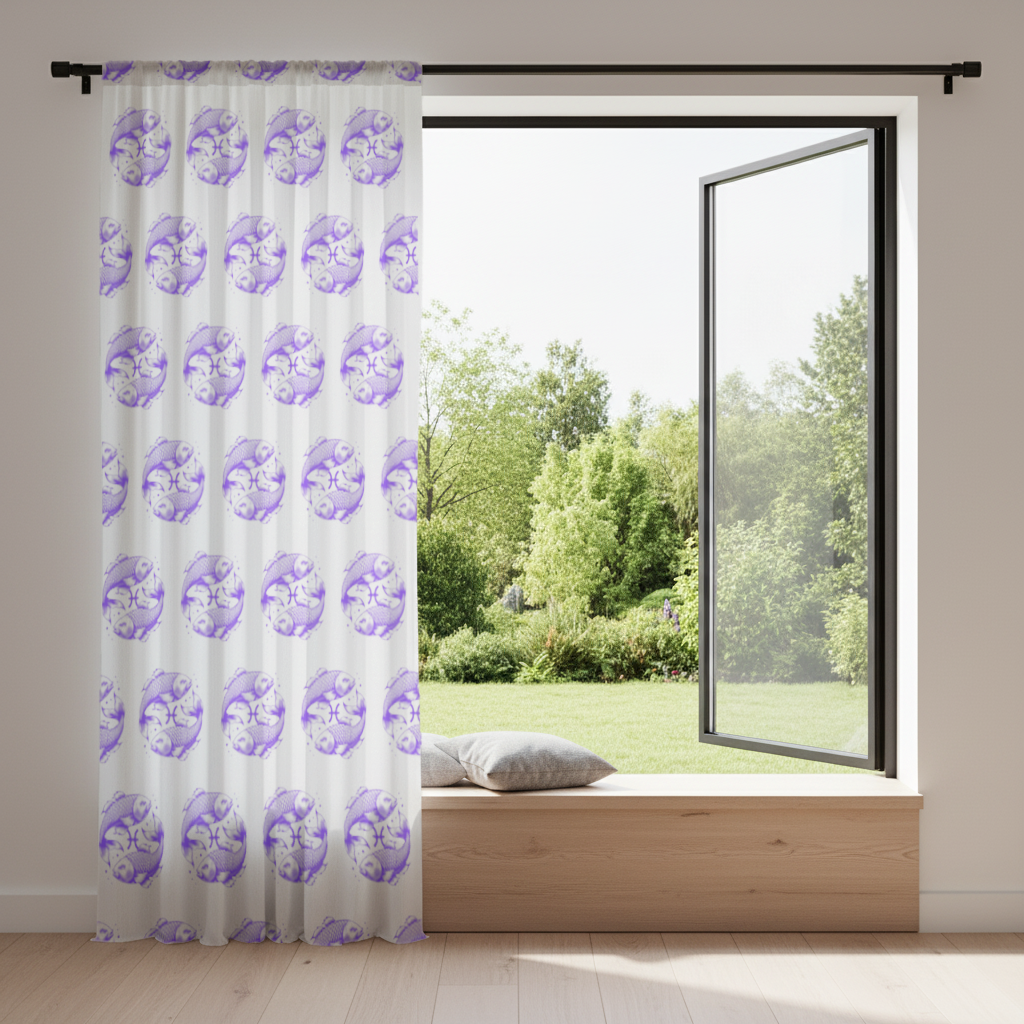 Pisces Zodiac Symbol with Purple Fish Art Drapes