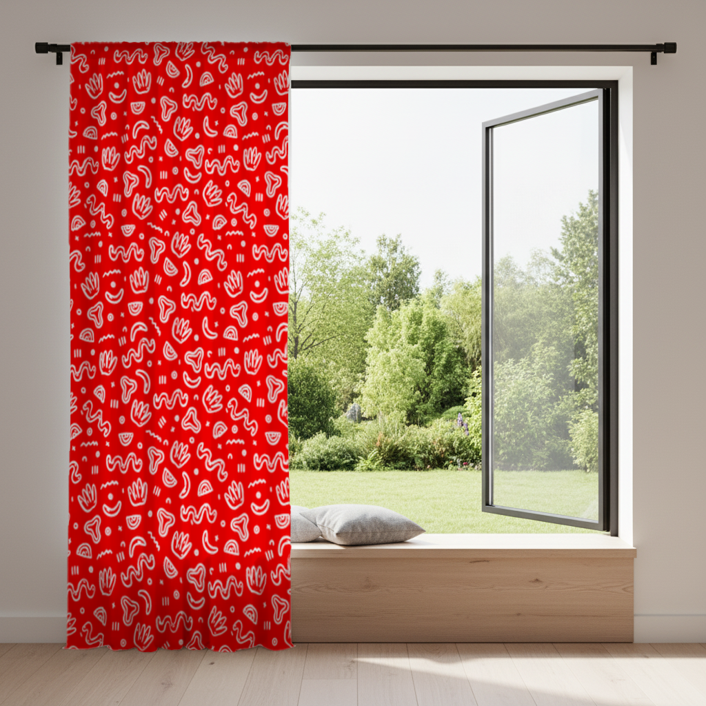 Red Abstract Doodle Drapes
