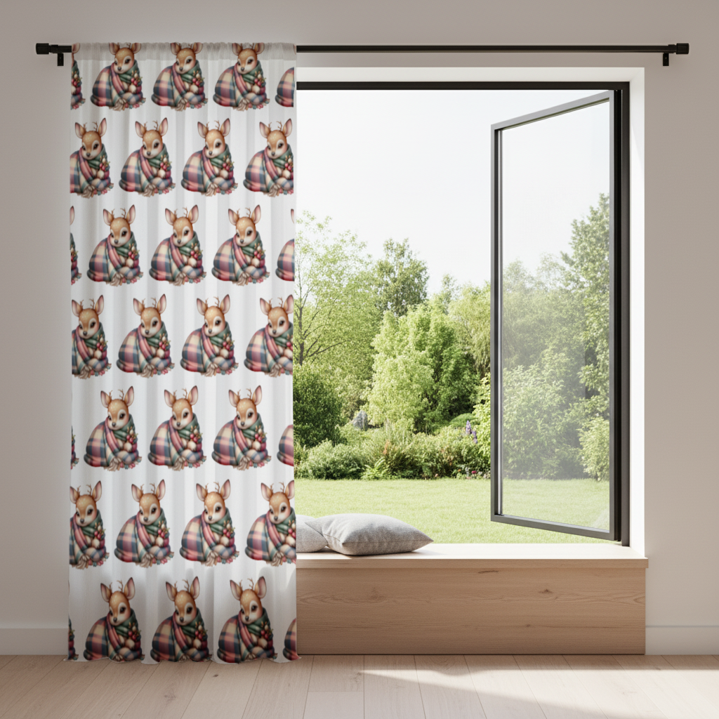 Kawaii Baby Deer with Plaid Scarf Drapes