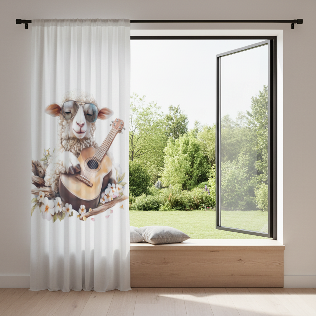 Cool Sheep Playing Ukulele with Flowers Drapes