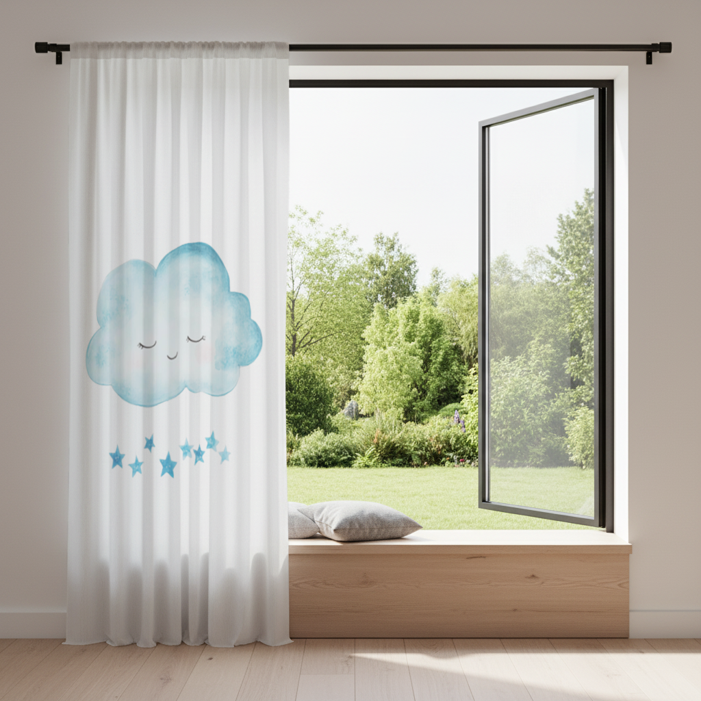 Watercolor Sleepy Cloud and Blue Stars Drapes