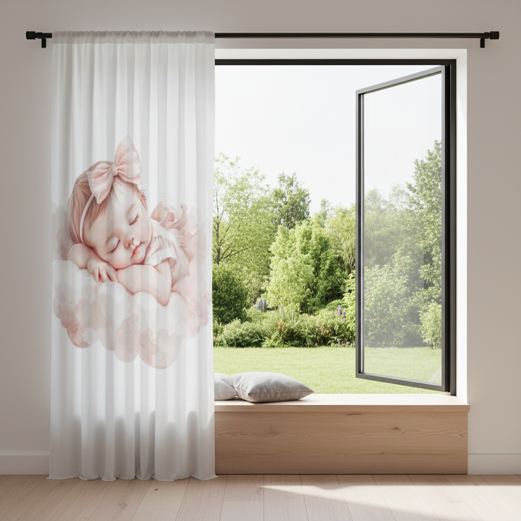 Sleeping Baby Girl with Pink Bow Drapes
