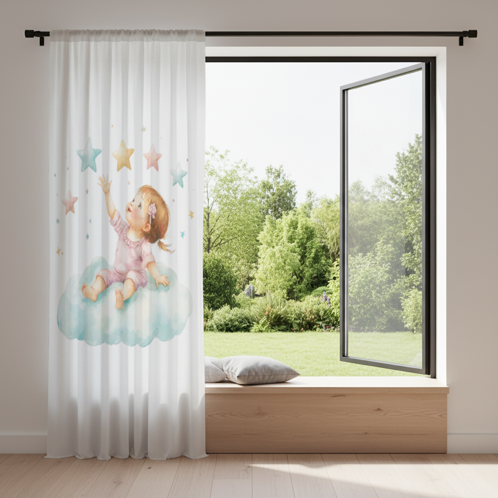 Baby Girl Reaching for Stars on a Cloud Drapes