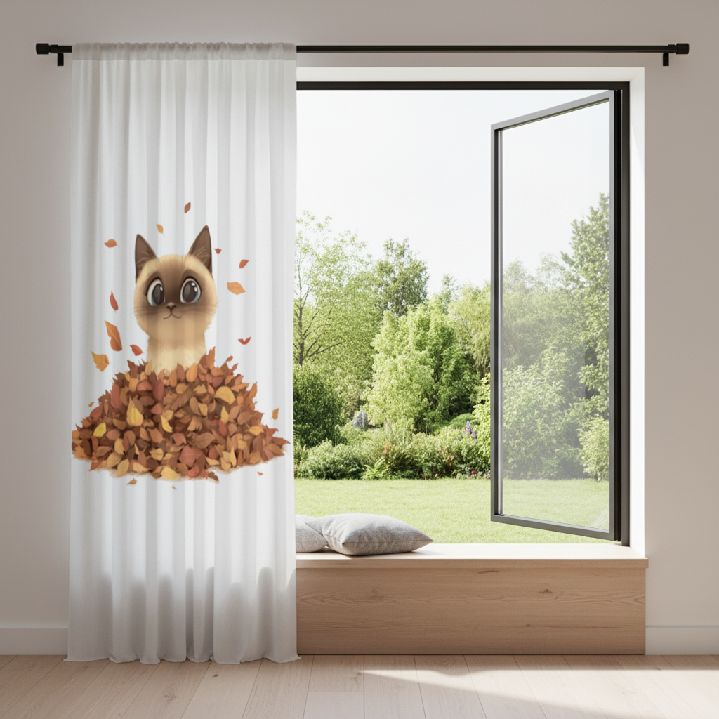Siamese Cat in Autumn Leaf Pile Drapes