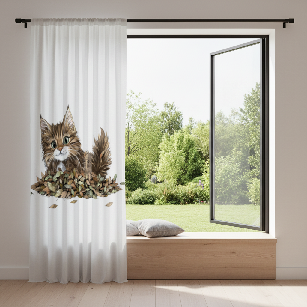 Cute Fluffy Kitten in Autumn Leaves Drapes