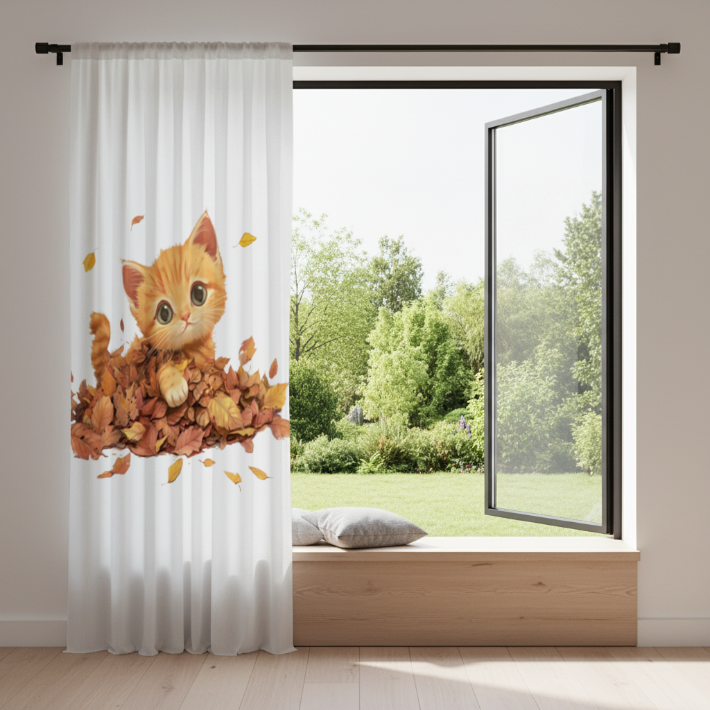 Ginger Kitten in Autumn Leaves Drapes