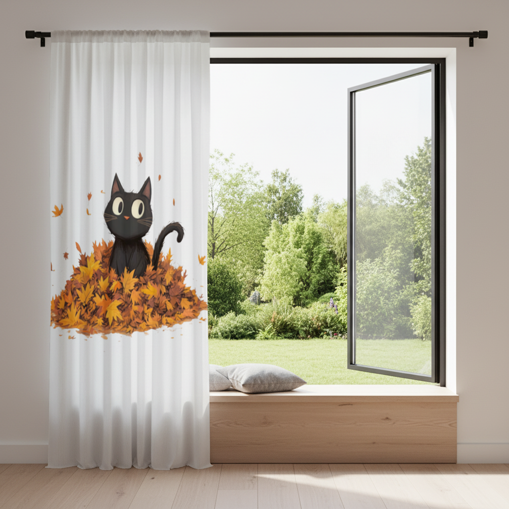 Cute Black Cat in Autumn Leaves Drapes