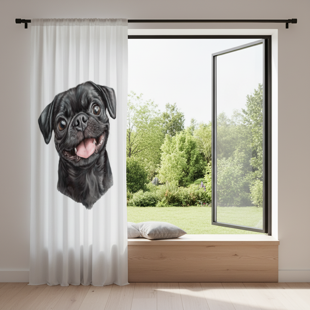 Gülümseyen Siyah Pug Köpek Fon Perde