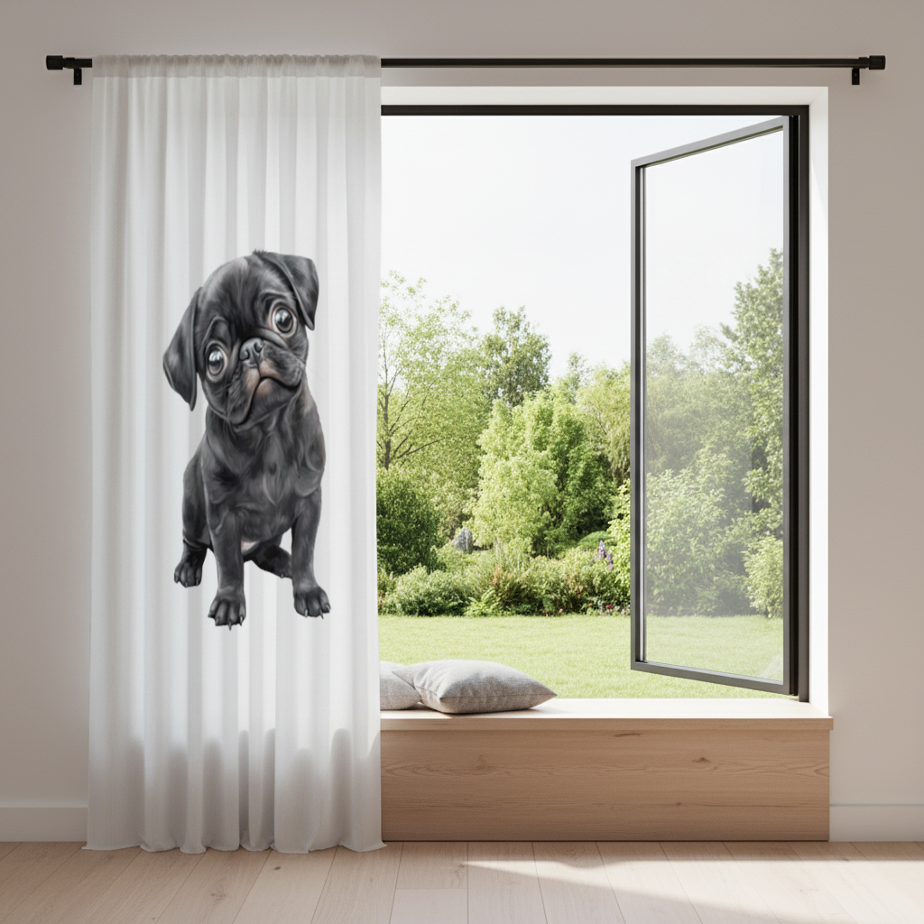 Innocent Black Pug Puppy Drapes
