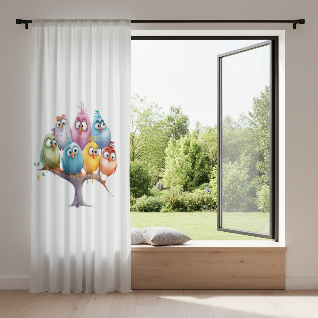 Whimsical Colorful Birds on Branch Drapes