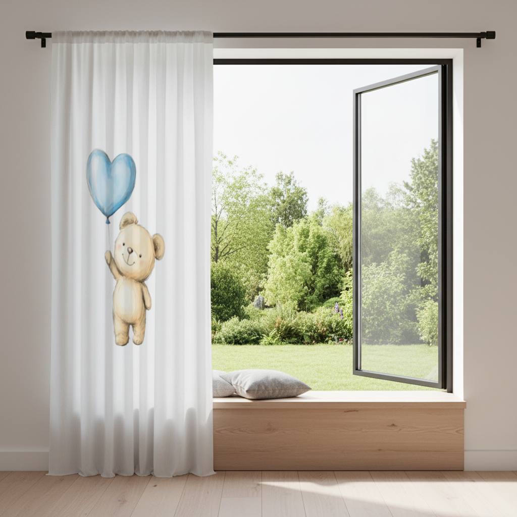 Cute Teddy Bear with Blue Heart Balloon Drapes