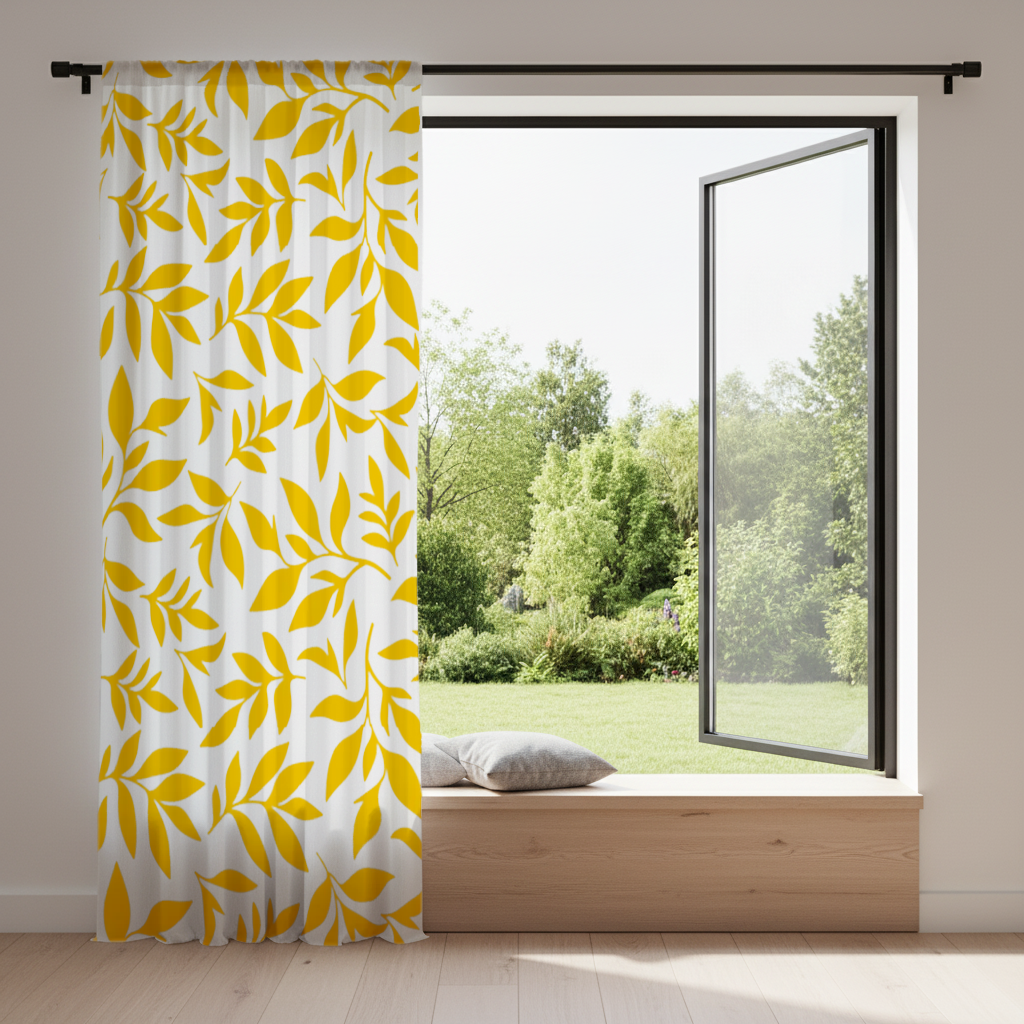 Mustard Yellow Botanical Leaves Drapes