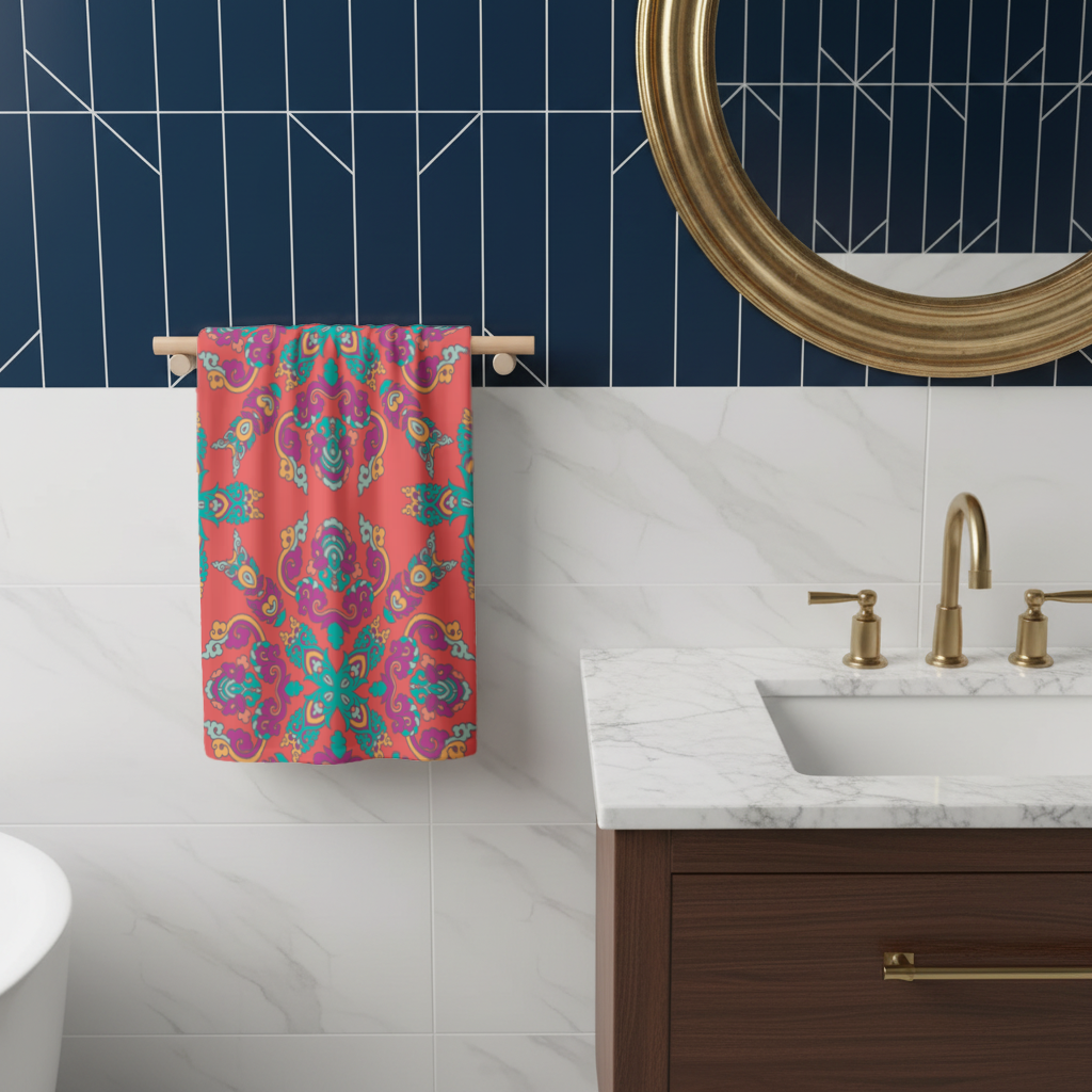 Vibrant Red Oriental Mandala Pattern Hand Towel