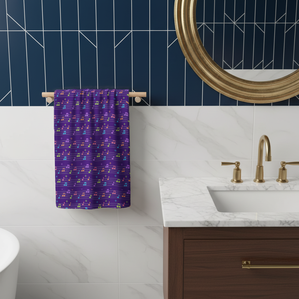 Renkli Müzik Notaları ve Modern Geometrik Desen El Havlusu