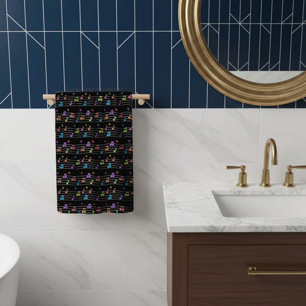 Vibrant Neon Music Notes and Rhythm Seamless Pattern Hand Towel