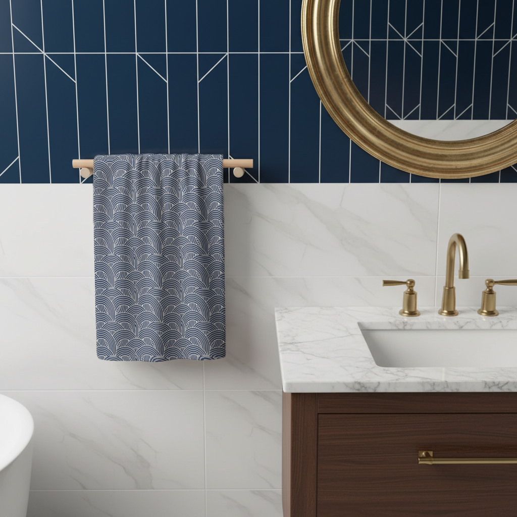 Navy and White Semi Circle Geometric Pattern Hand Towel
