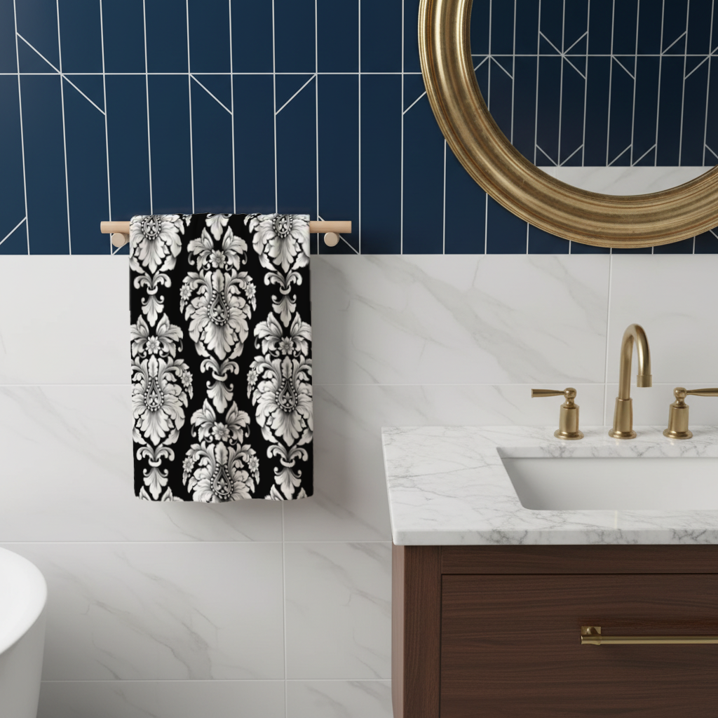 Black and White Baroque Floral Pattern Hand Towel