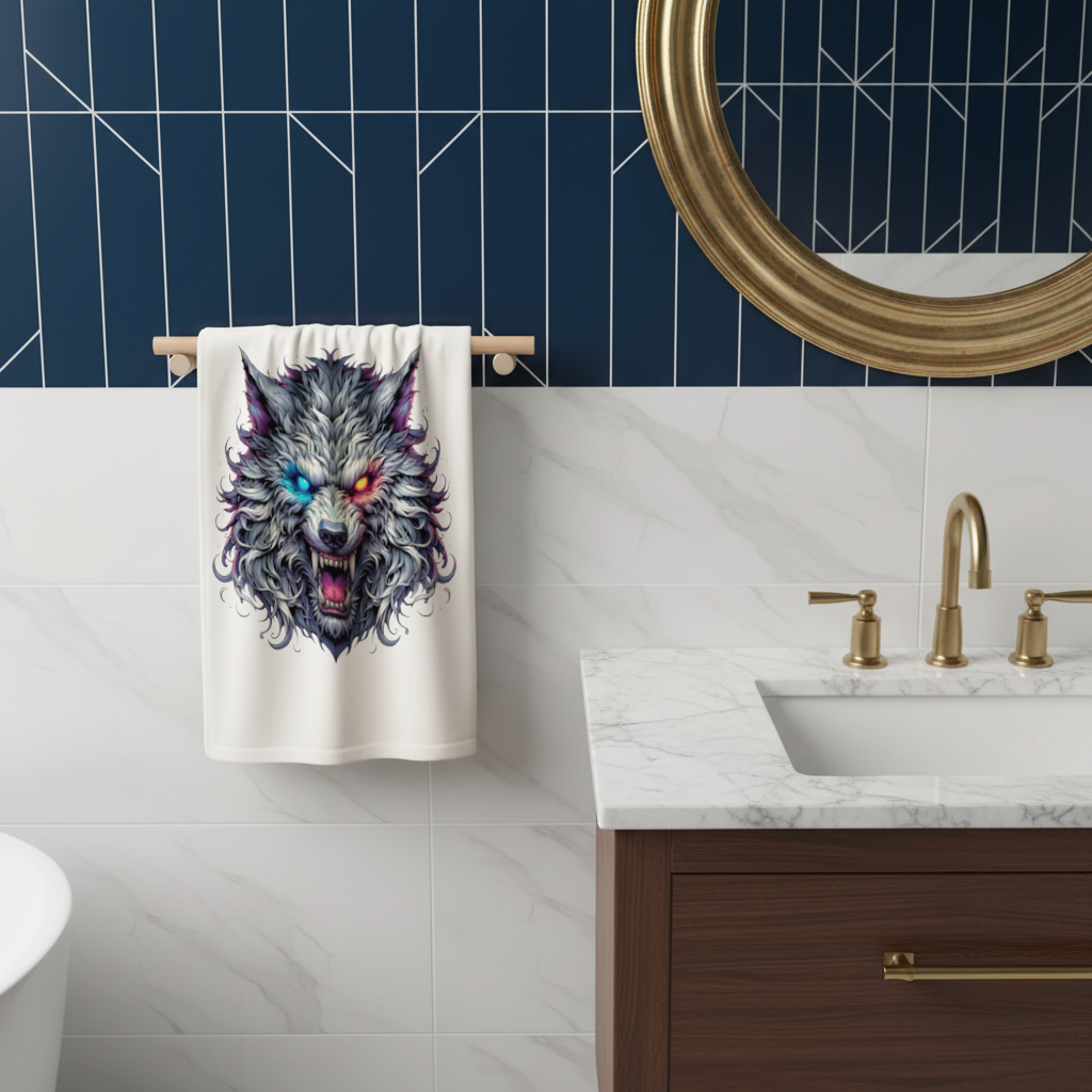 Fierce Wolf Head Illustration Heterochromia Eyes, Savage Wolf Hand Towel