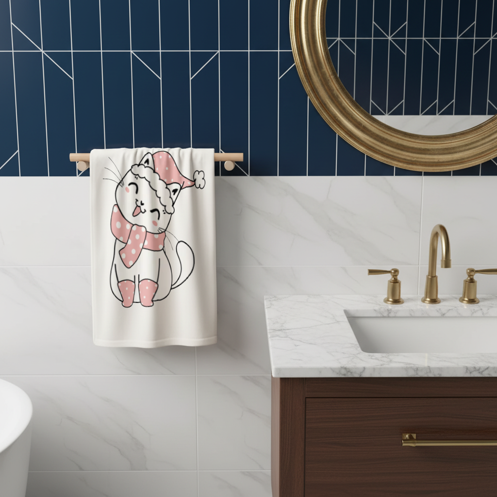 Cute Christmas Cat with Pink Polka Dot Outfit Hand Towel