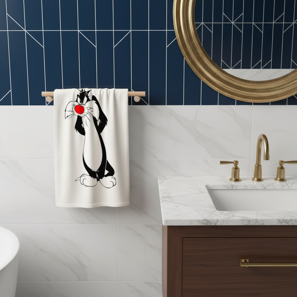 Funny Cartoon Cat Illustration Hand Towel