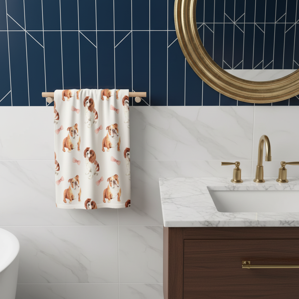 Watercolor English Bulldog and Cavalier Puppy Pattern Hand Towel