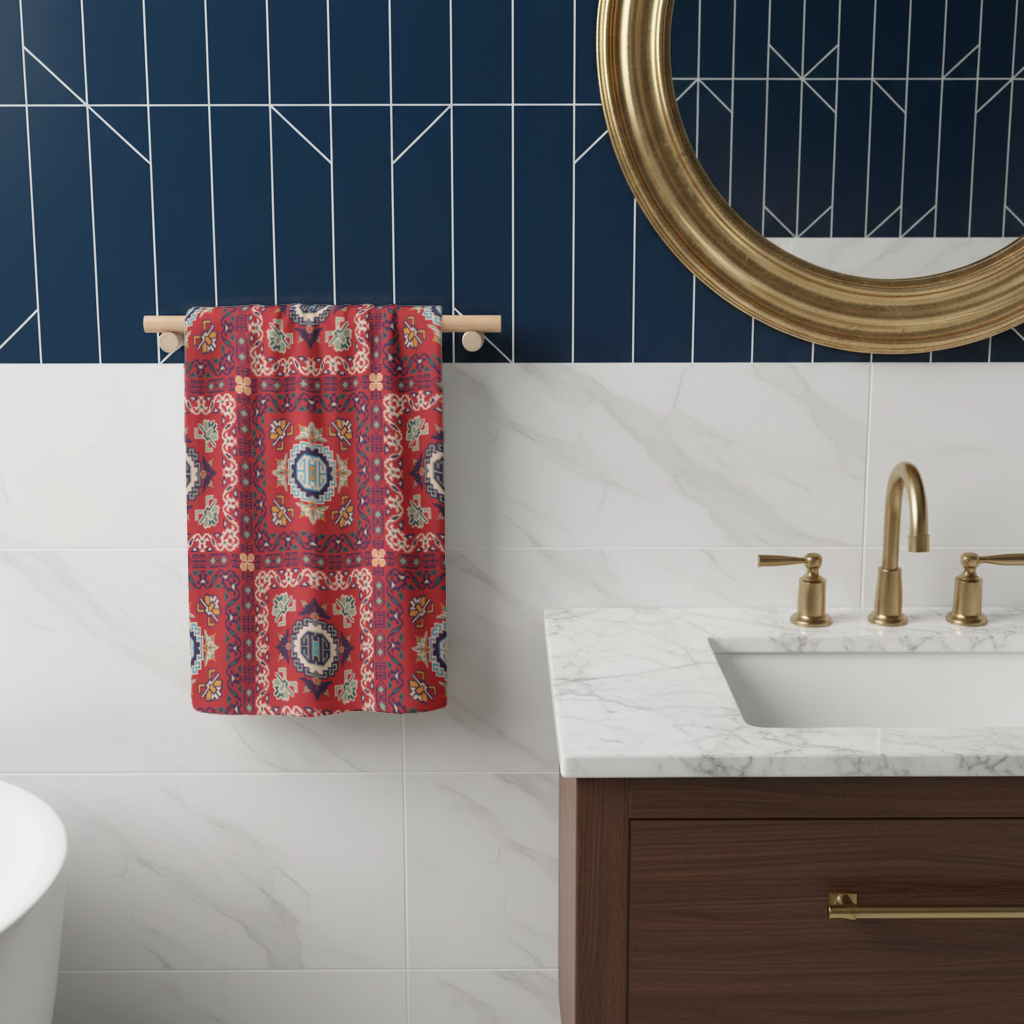 Traditional Kilim Inspired Red Ethnic Geometric Pattern Hand Towel