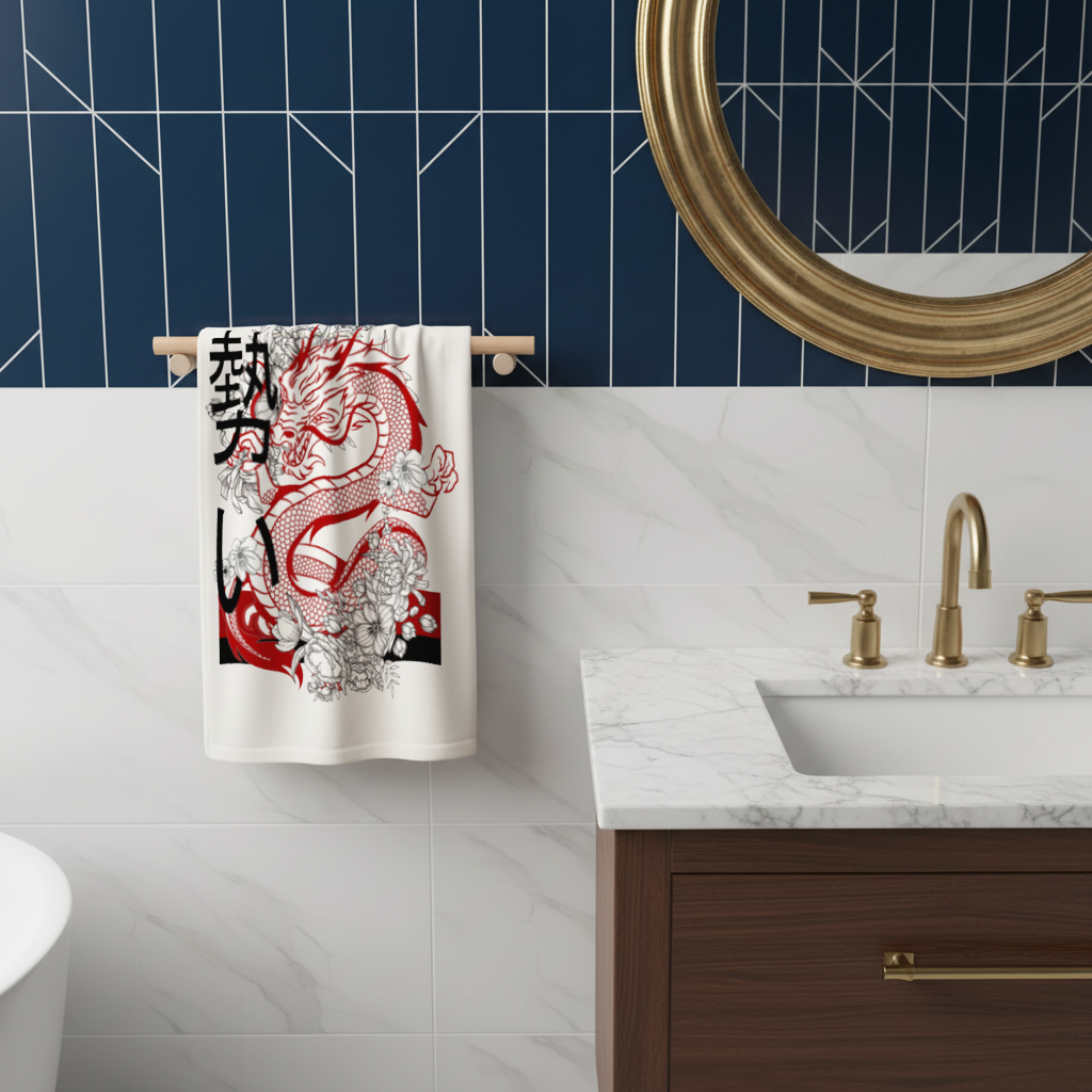 Japanese Dragon with Floral Design Hand Towel