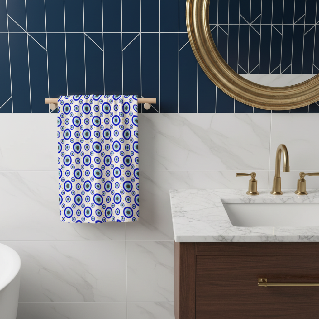 Blue Evil Eye Pattern with Stars Hand Towel