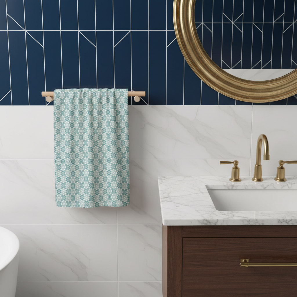 Blue Pixelated Geometric Ornament Pattern Hand Towel