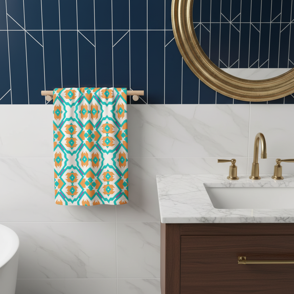Orange and Turquoise Geometric Pattern Hand Towel