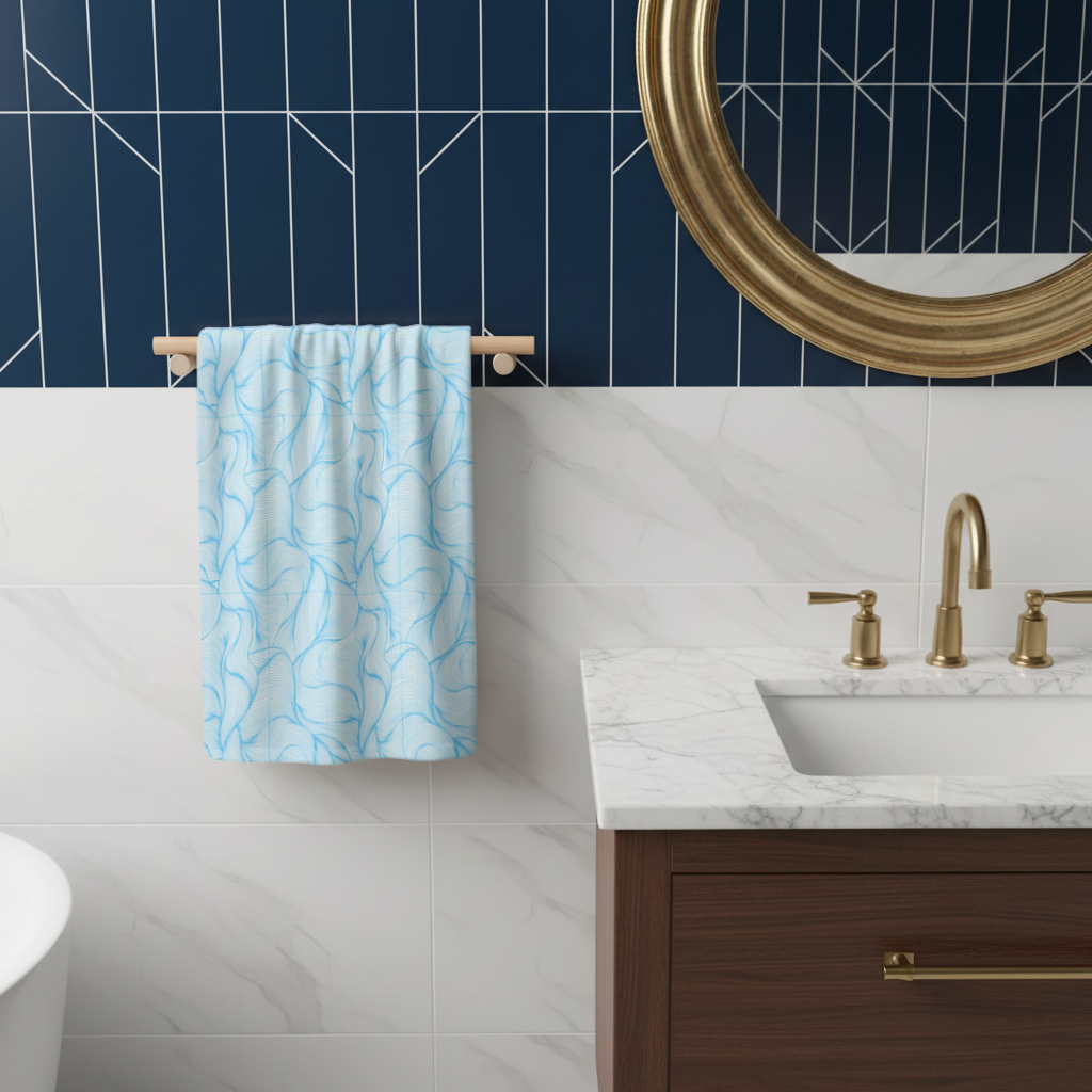 Blue Wavy Linear Abstract Pattern Hand Towel