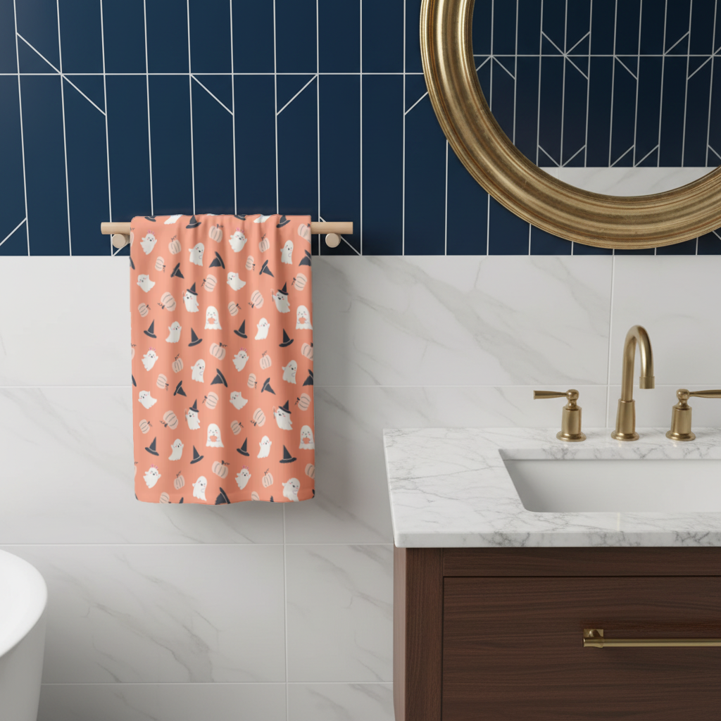 Cute Pumpkin and Witch Hat Ghost Pattern Hand Towel