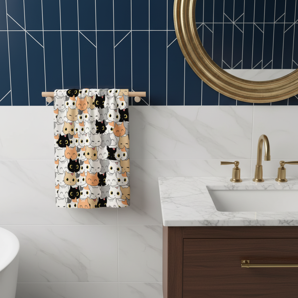 Colorful Cute Cat Faces Seamless Pattern Hand Towel