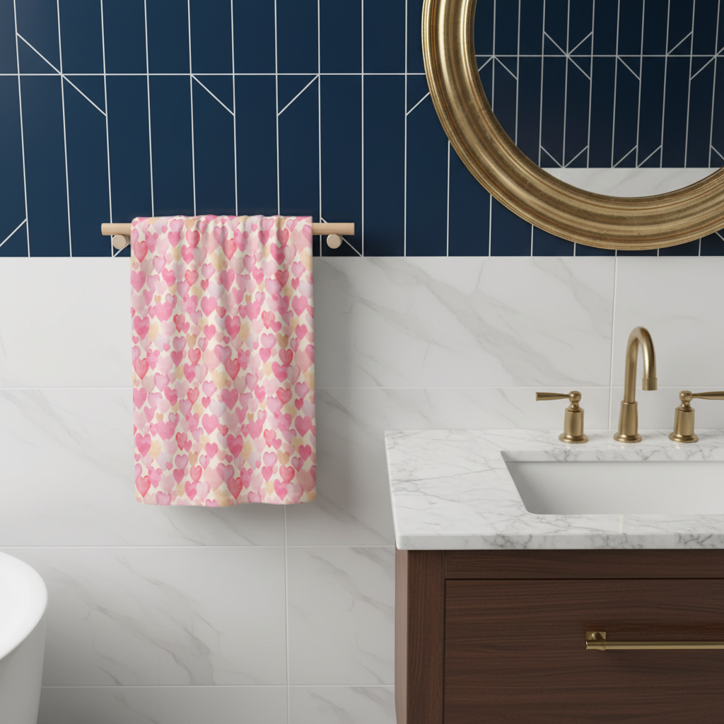 Watercolor Pink Hearts Hand Towel