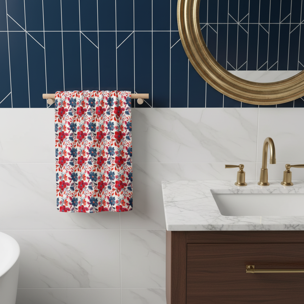 Watercolor Red Navy Floral Hand Towel
