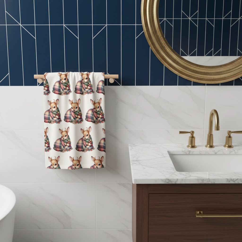 Kawaii Baby Deer with Plaid Scarf Hand Towel