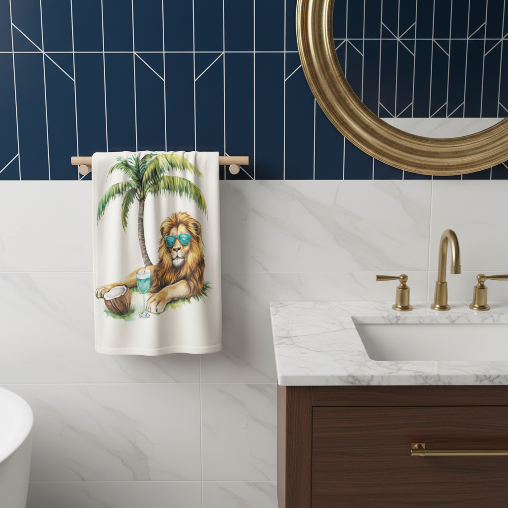 Summer Vibe Lion Under Palm Tree Hand Towel