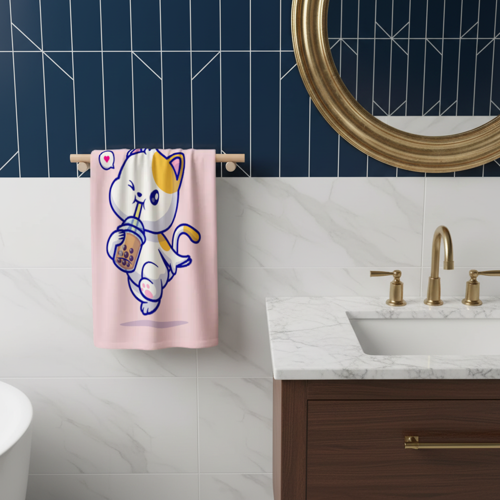 Kawaii Cat Drinking Boba Tea Hand Towel