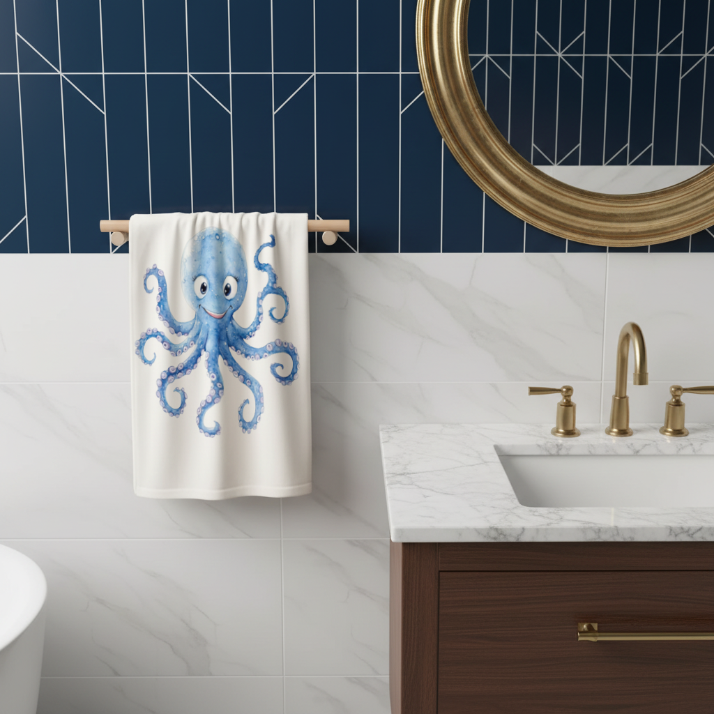 Cute Blue Watercolor Octopus Hand Towel