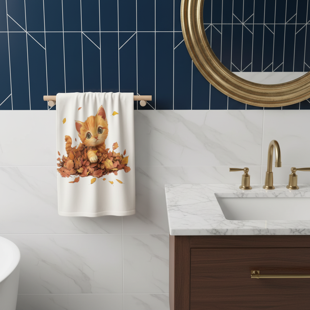 Ginger Kitten in Autumn Leaves Hand Towel