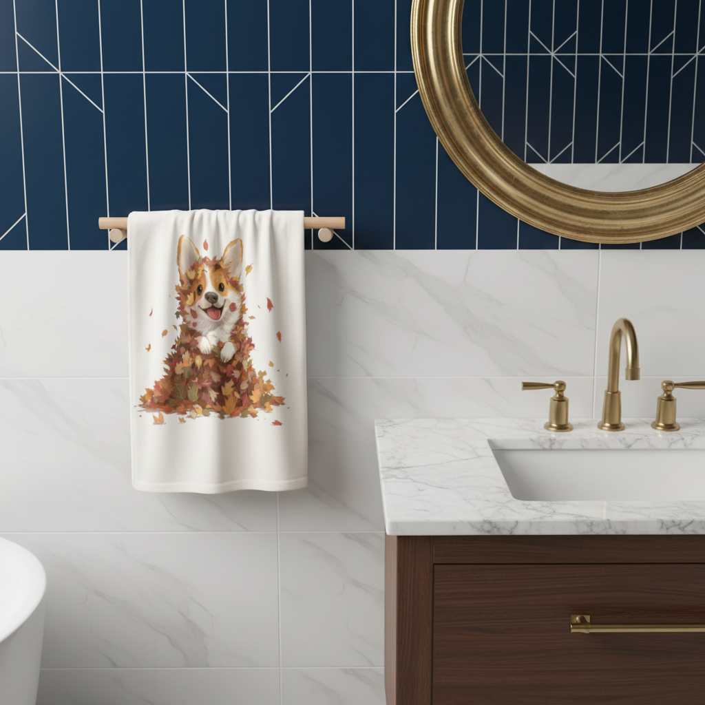 Happy Corgi Puppy in Fall Leaves Hand Towel