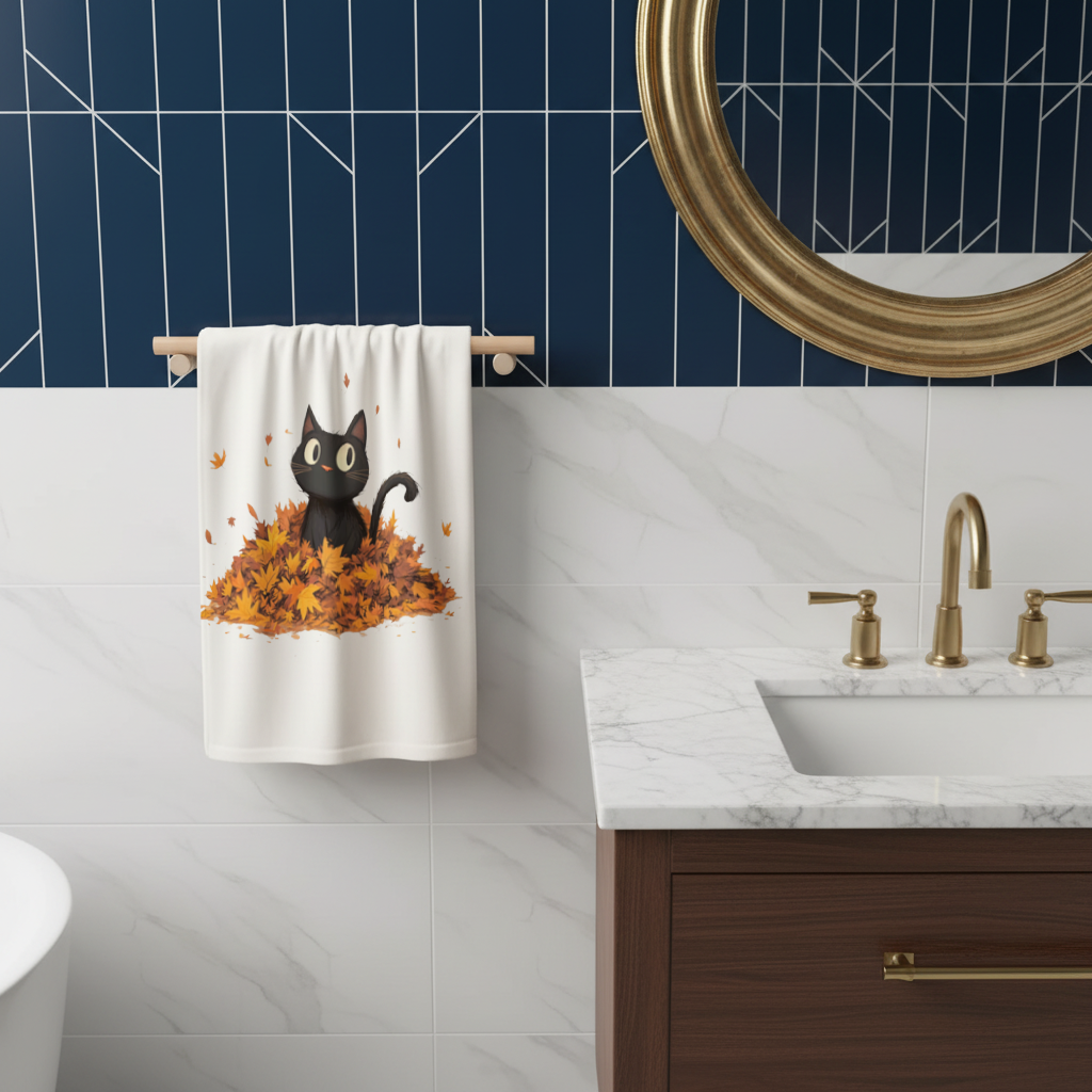 Cute Black Cat in Autumn Leaves Hand Towel