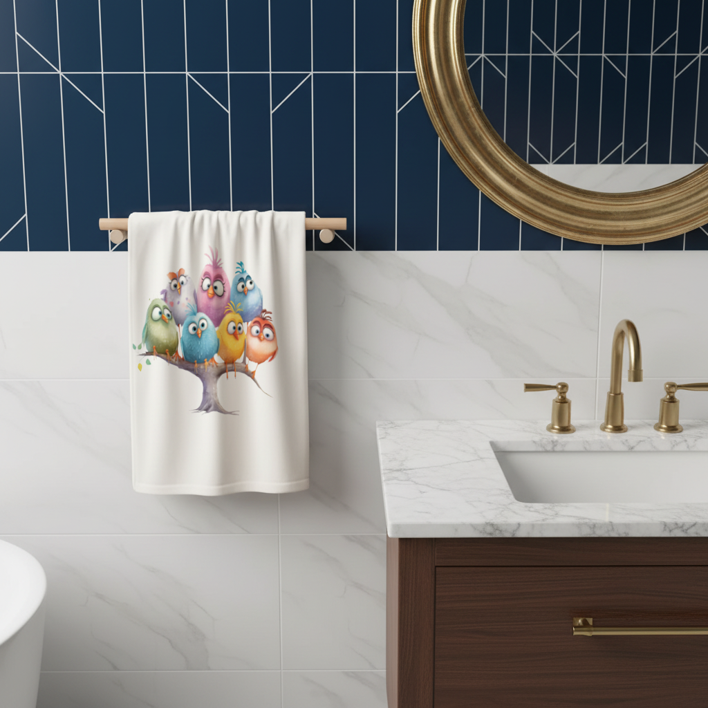 Whimsical Colorful Birds on Branch Hand Towel